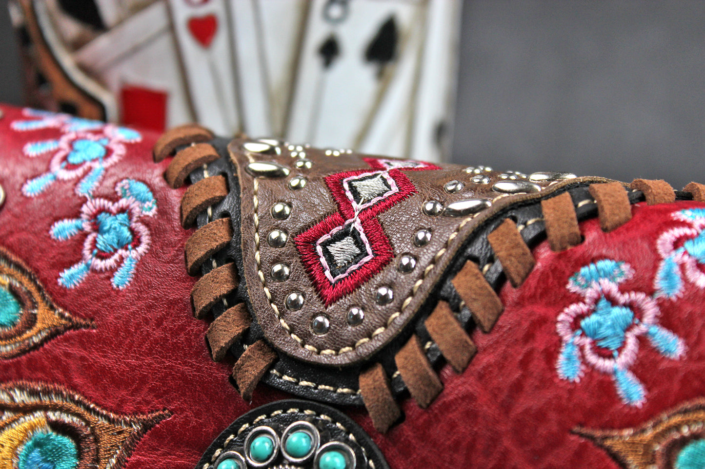 The Houston Purse - small red and silver western cowgirl style purse wallet, intricate detailing with adjustable strap & magnetic clasp
