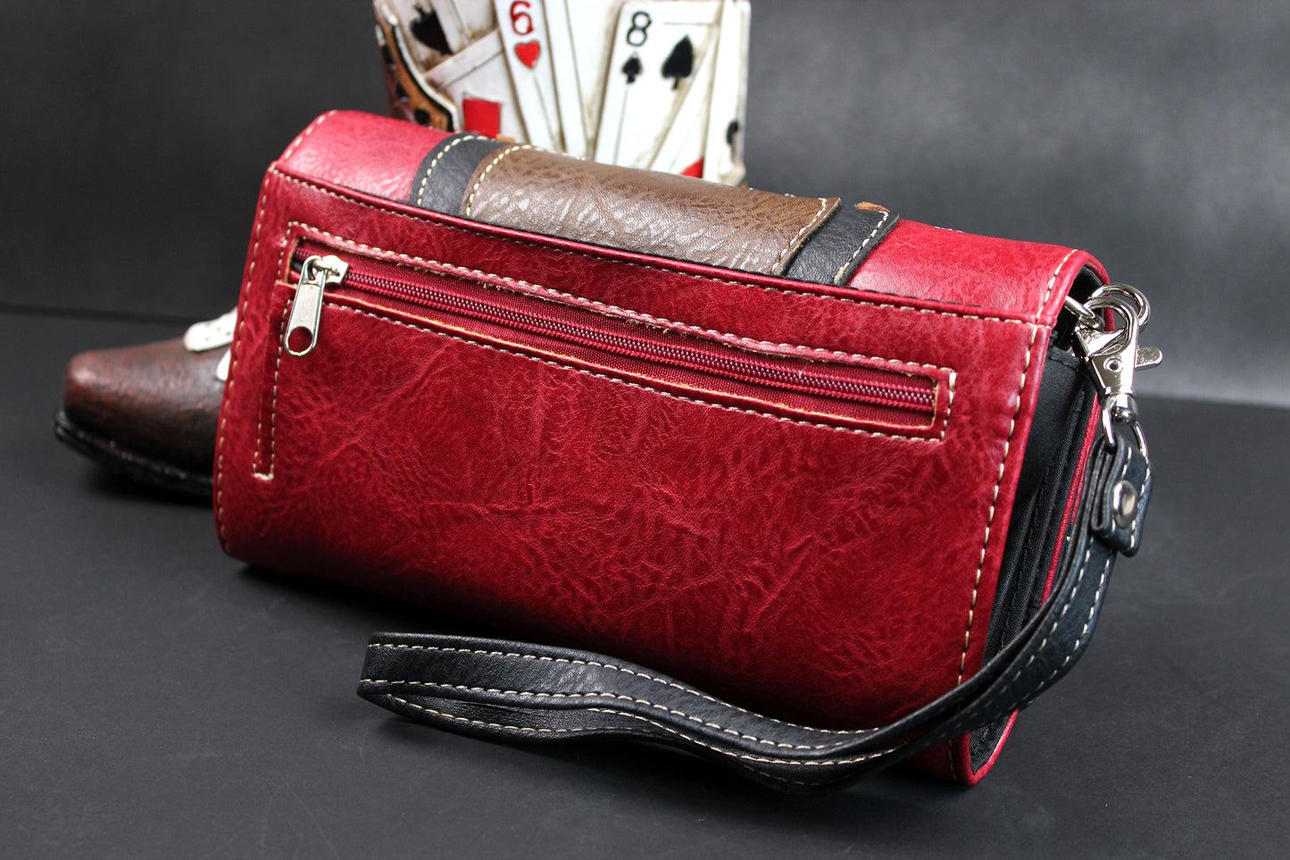 The Houston Purse - small red and silver western cowgirl style purse wallet, intricate detailing with adjustable strap & magnetic clasp
