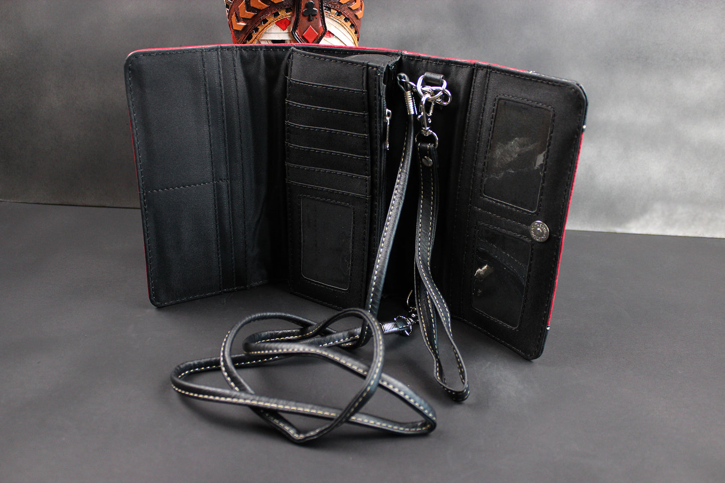 The Houston Purse - small red and silver western cowgirl style purse wallet, intricate detailing with adjustable strap & magnetic clasp