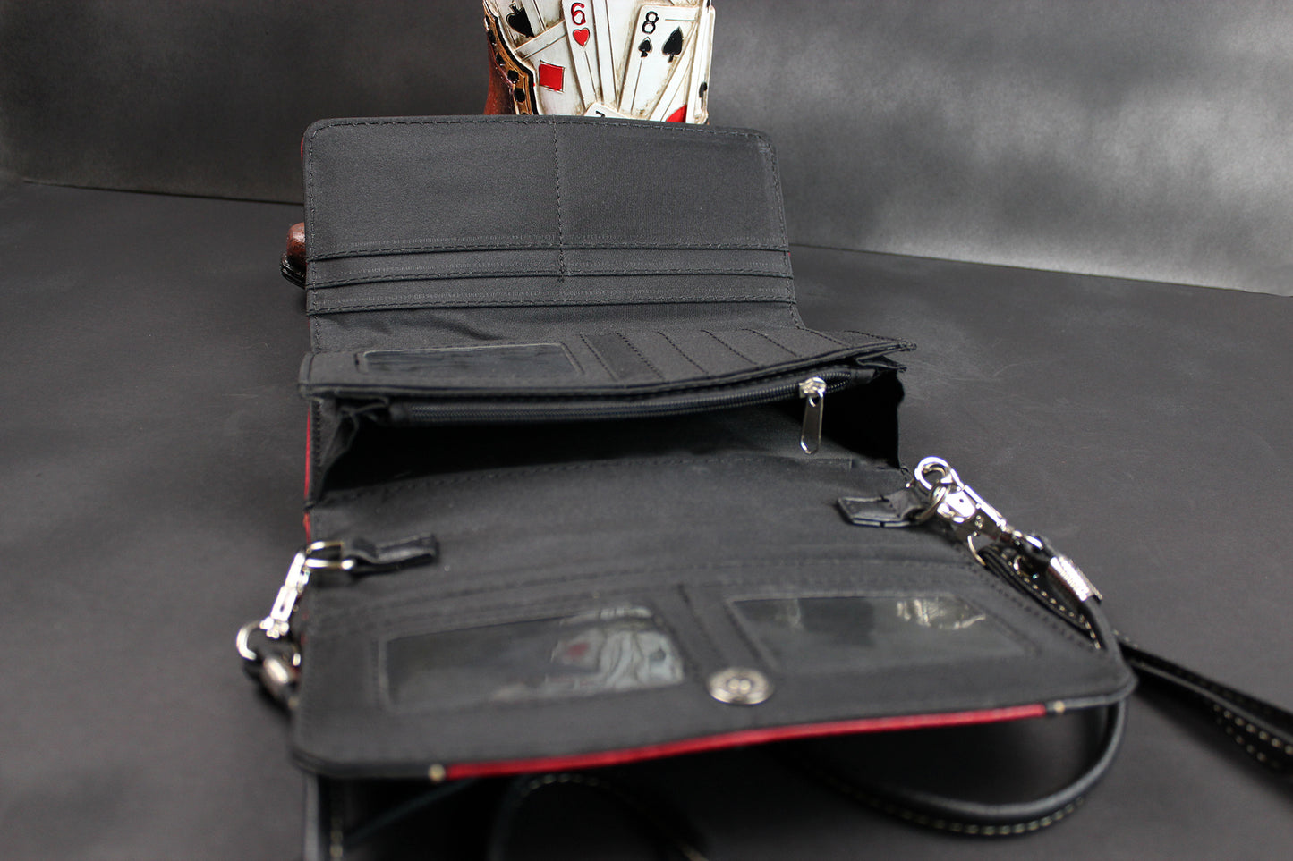 The Houston Purse - small red and silver western cowgirl style purse wallet, intricate detailing with adjustable strap & magnetic clasp