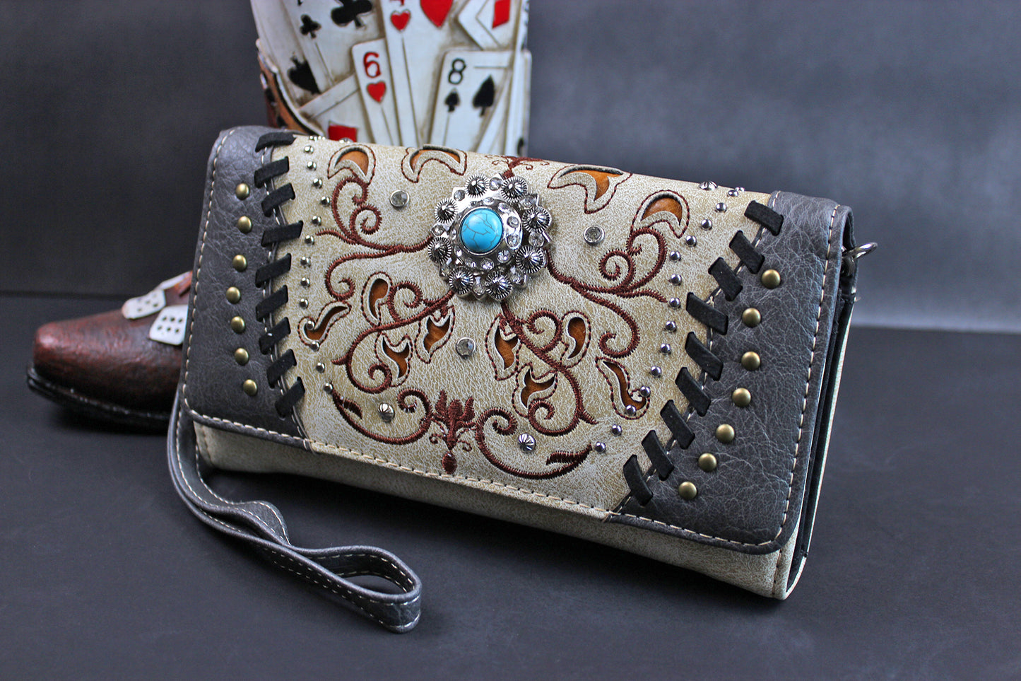The Oklahoma Purse - small red and silver western cowgirl style purse wallet, intricate detailing with adjustable strap & magnetic clasp