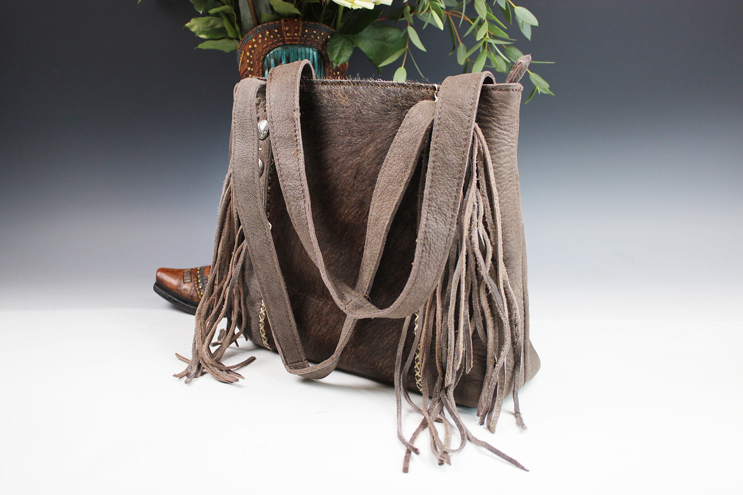 The Arizona Handbag - brown leather suede western cowgirl style handbag with tassel fringe and internal zip pocket