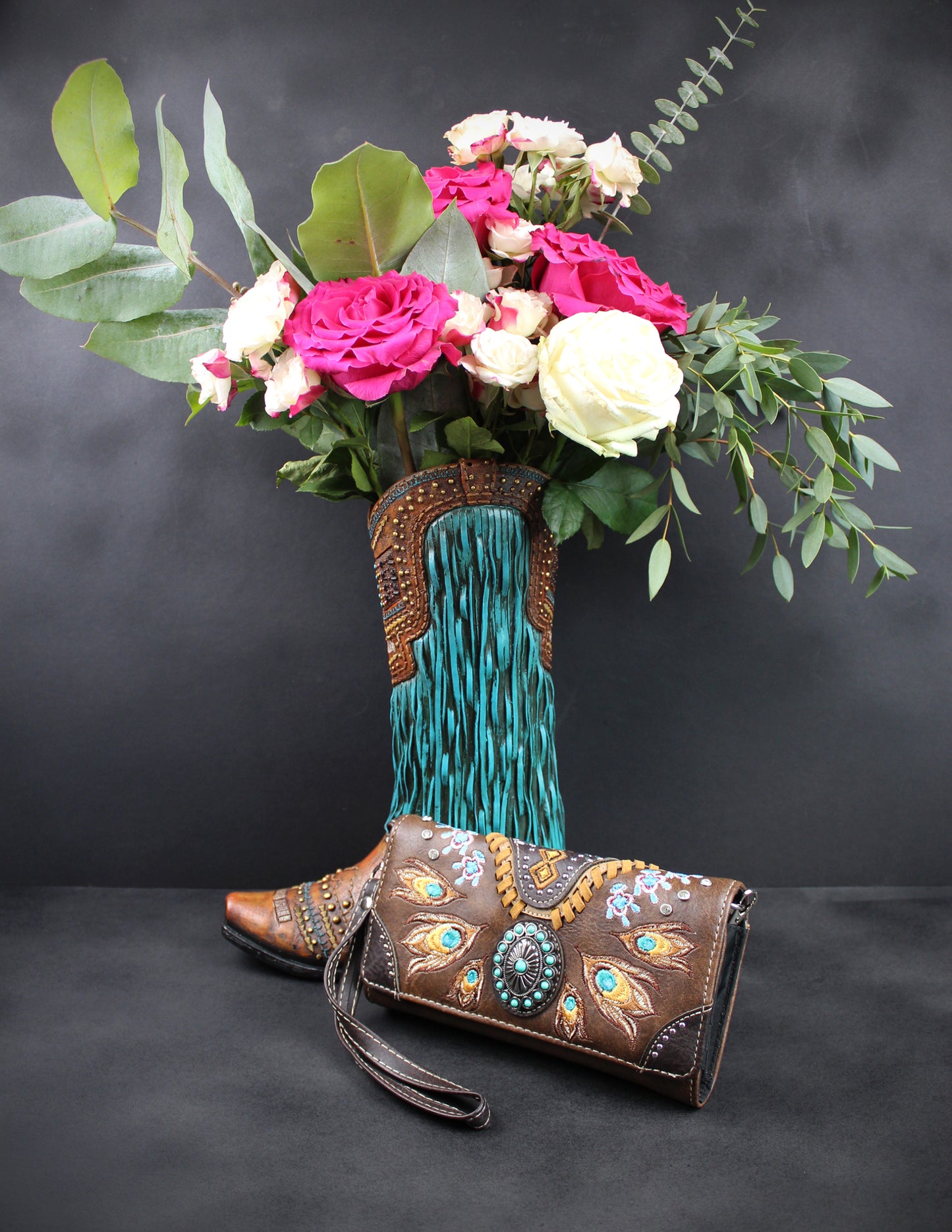 Western Cowgirl Clutch Wallet: Brown Turquoise PU Leather Purse with stitched detailing turquoise concho