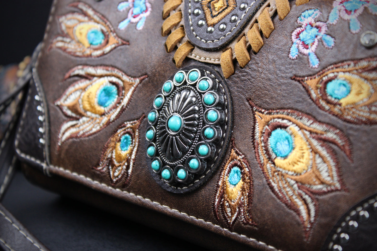 Western Cowgirl Clutch Wallet: Brown Turquoise PU Leather Purse with stitched detailing turquoise concho