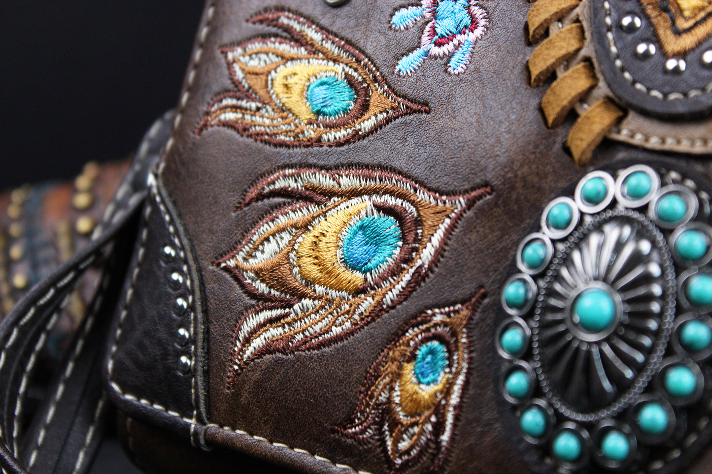Western Cowgirl Clutch Wallet: Brown Turquoise PU Leather Purse with stitched detailing turquoise concho
