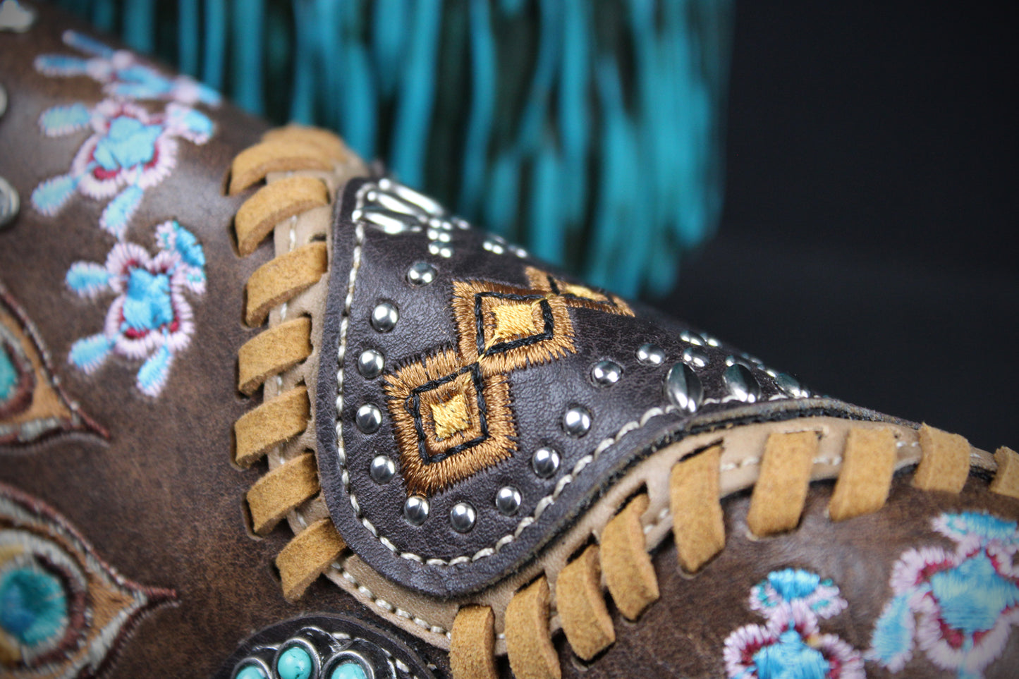Western Cowgirl Clutch Wallet: Brown Turquoise PU Leather Purse with stitched detailing turquoise concho