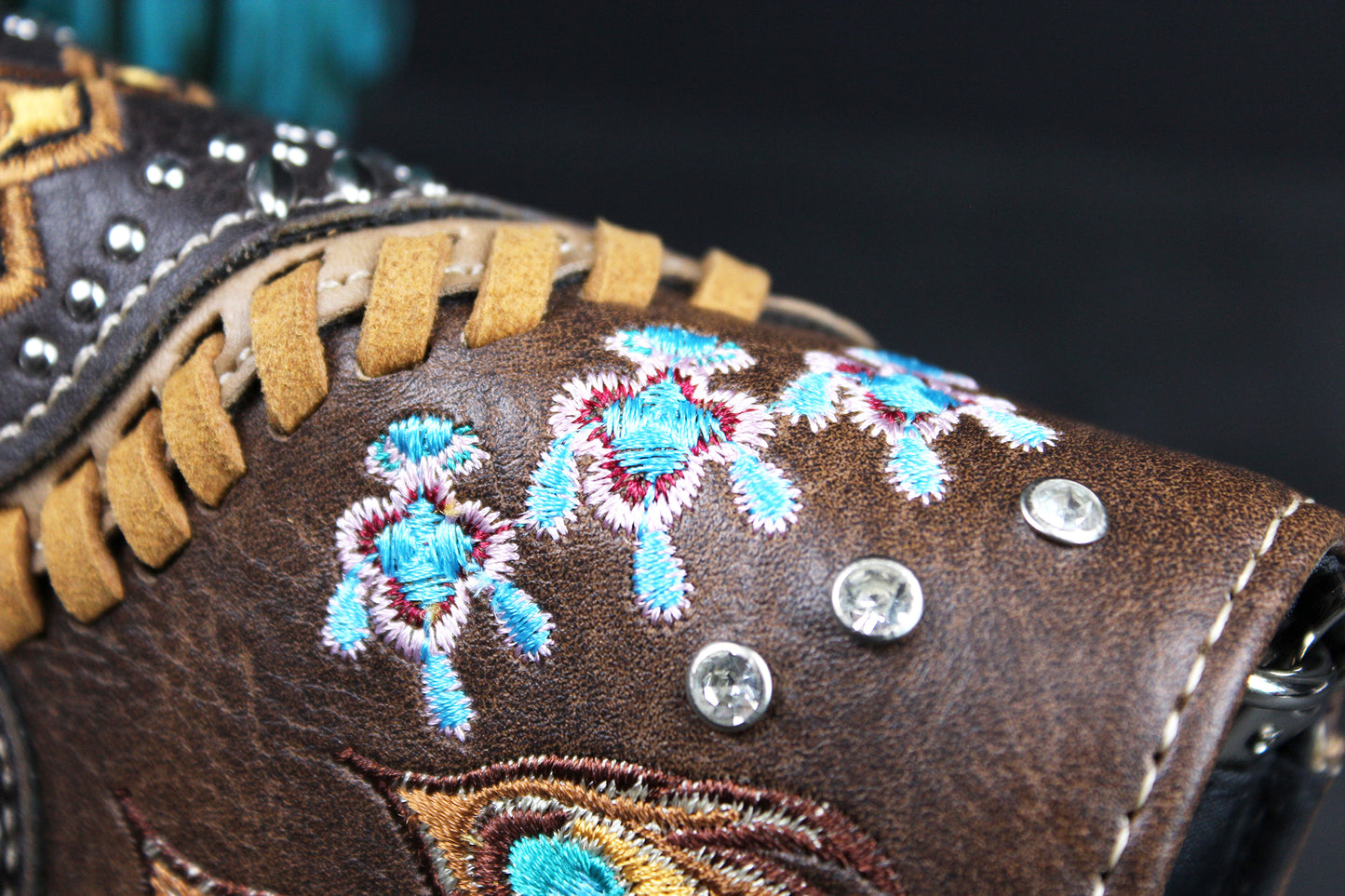 Western Cowgirl Clutch Wallet: Brown Turquoise PU Leather Purse with stitched detailing turquoise concho