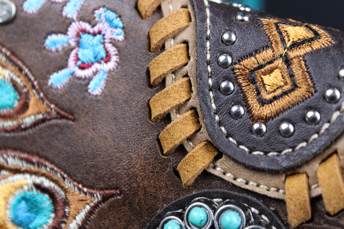 Western Cowgirl Clutch Wallet: Brown Turquoise PU Leather Purse with stitched detailing turquoise concho