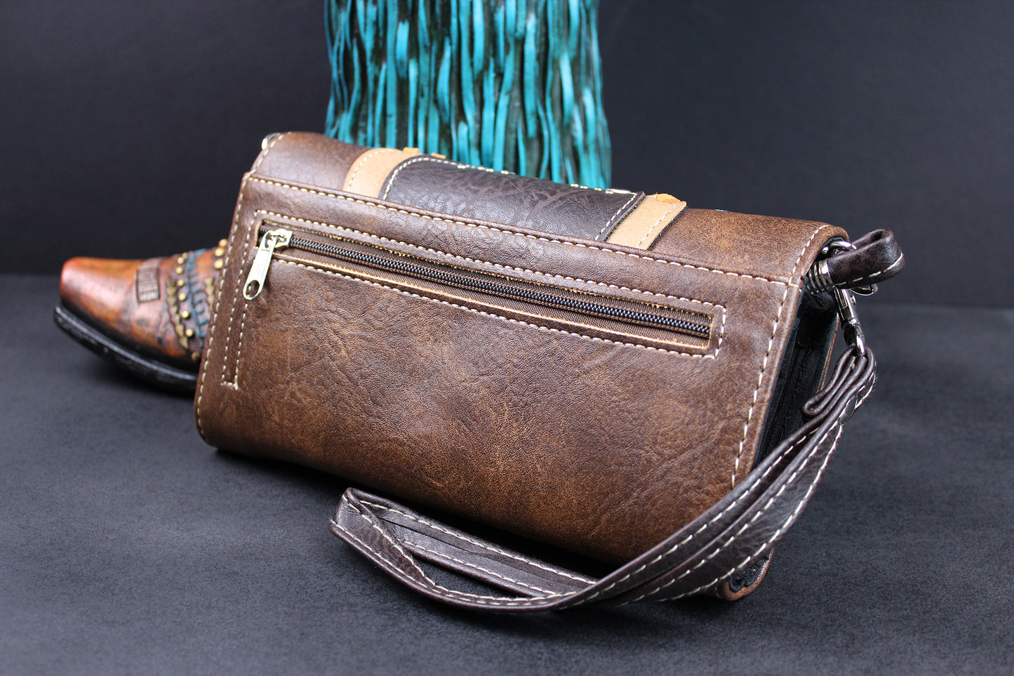 Western Cowgirl Clutch Wallet: Brown Turquoise PU Leather Purse with stitched detailing turquoise concho
