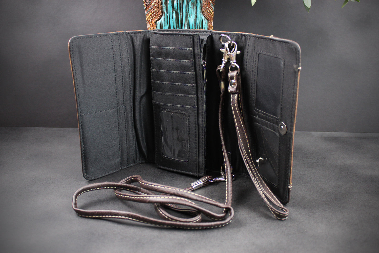 Western Cowgirl Clutch Wallet: Brown Turquoise PU Leather Purse with stitched detailing turquoise concho