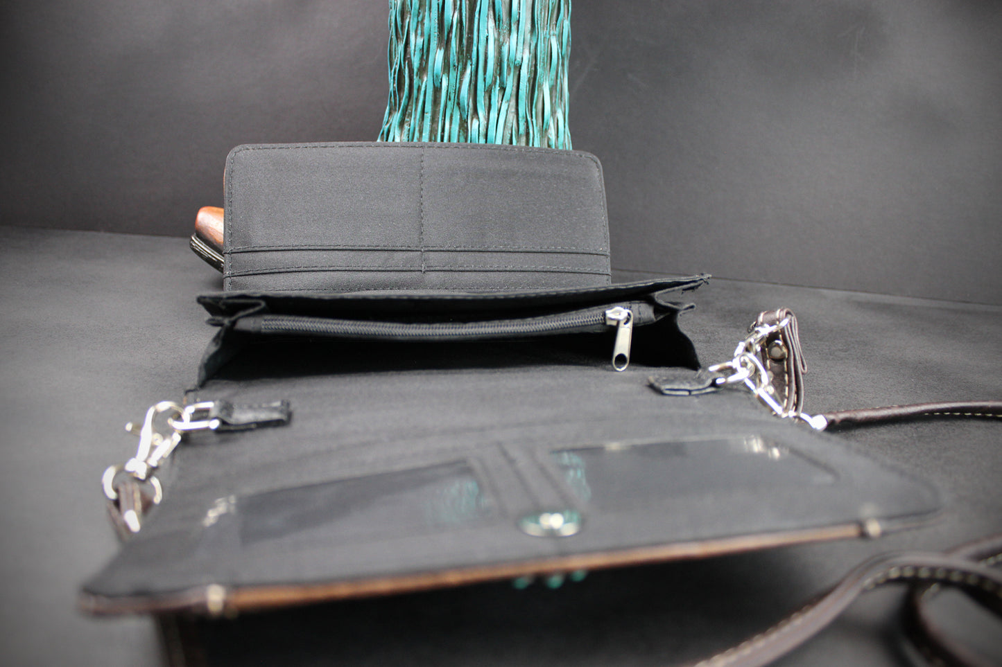Western Cowgirl Clutch Wallet: Brown Turquoise PU Leather Purse with stitched detailing turquoise concho