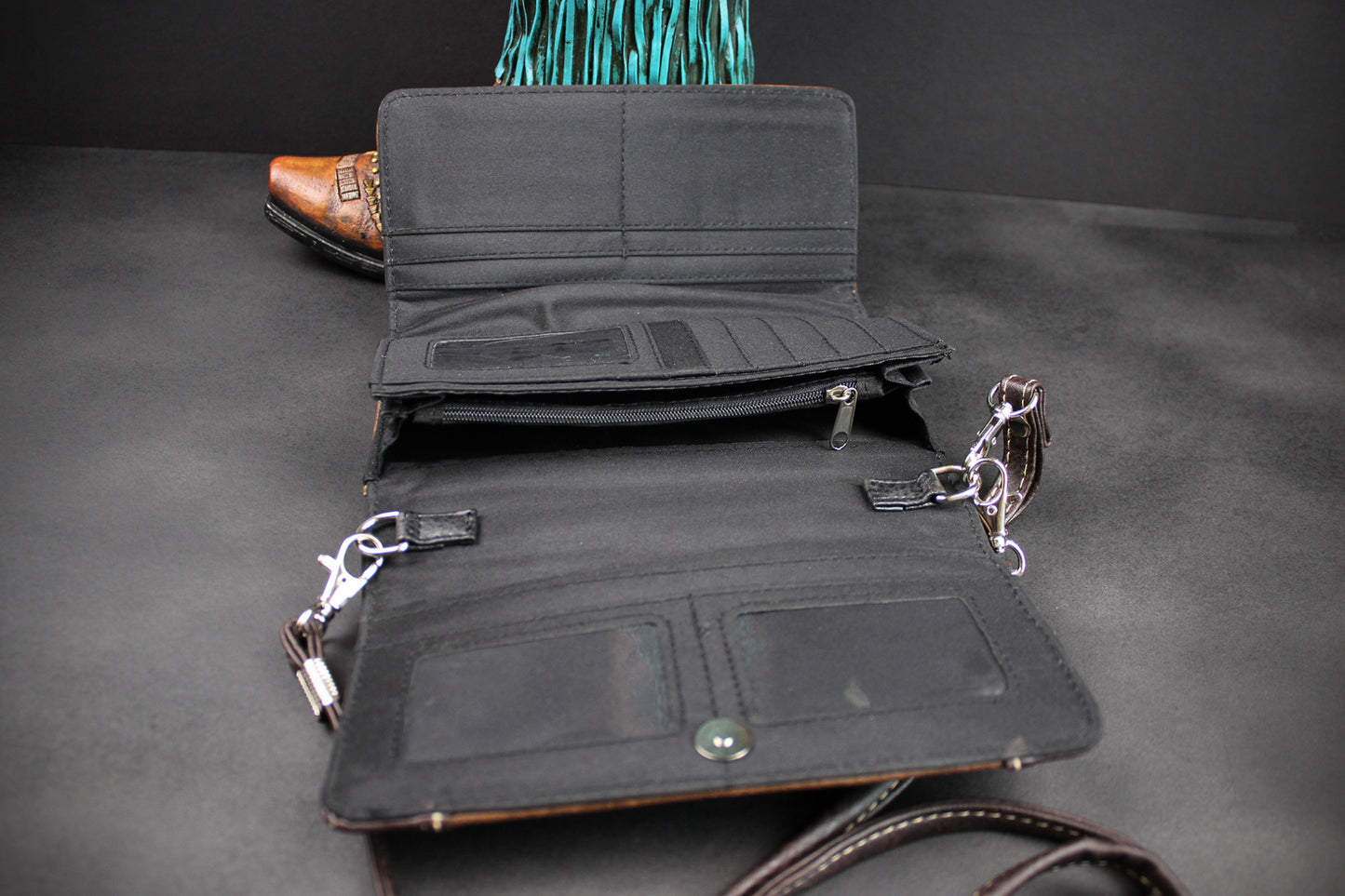 Western Cowgirl Clutch Wallet: Brown Turquoise PU Leather Purse with stitched detailing turquoise concho
