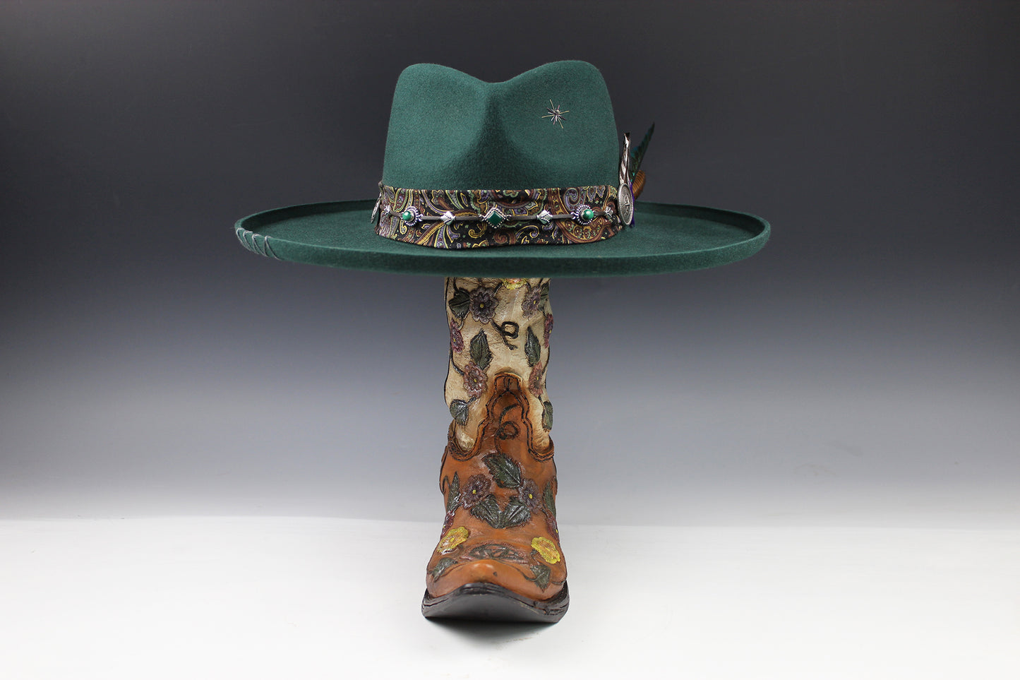 One Off Custom Fedora: Green Wool Felt Wide Brim Fedora Hat Paisley Band Size Medium 57cm