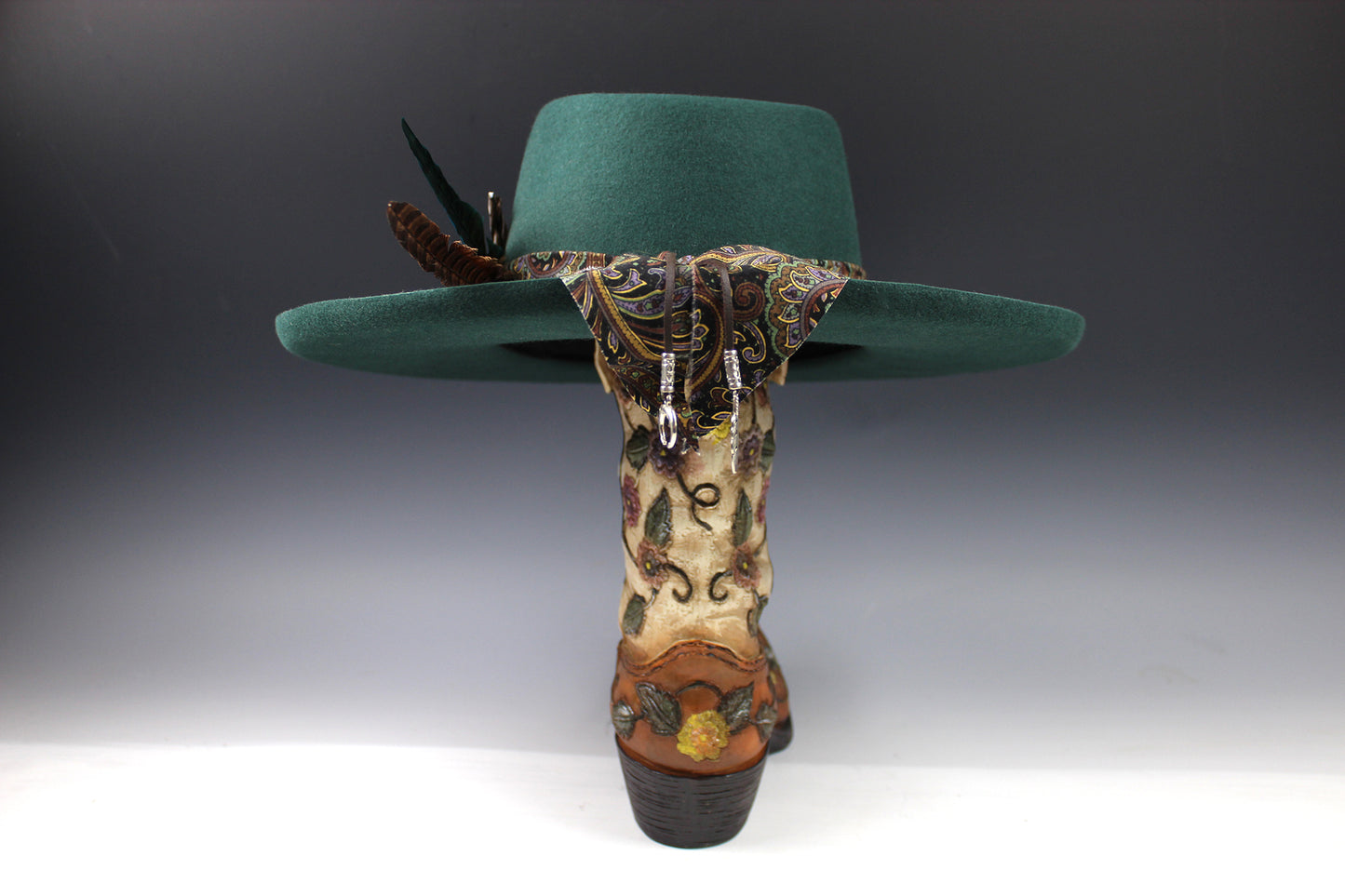One Off Custom Fedora: Green Wool Felt Wide Brim Fedora Hat Paisley Band Size Medium 57cm