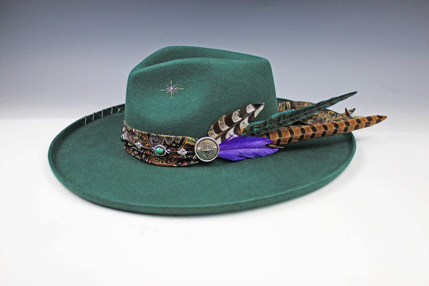 One Off Custom Fedora: Green Wool Felt Wide Brim Fedora Hat Paisley Band Size Medium 57cm