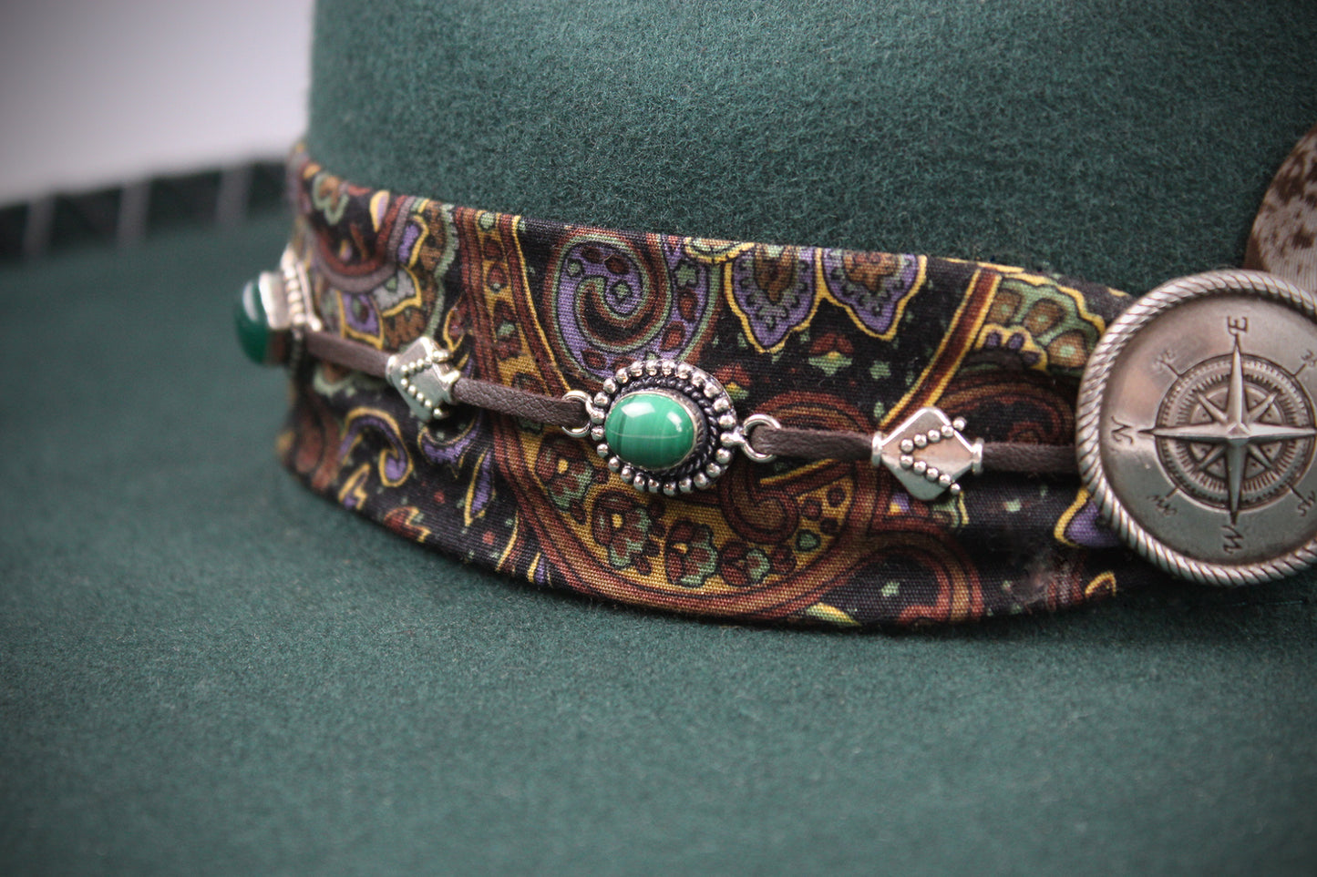 One Off Custom Fedora: Green Wool Felt Wide Brim Fedora Hat Paisley Band Size Medium 57cm