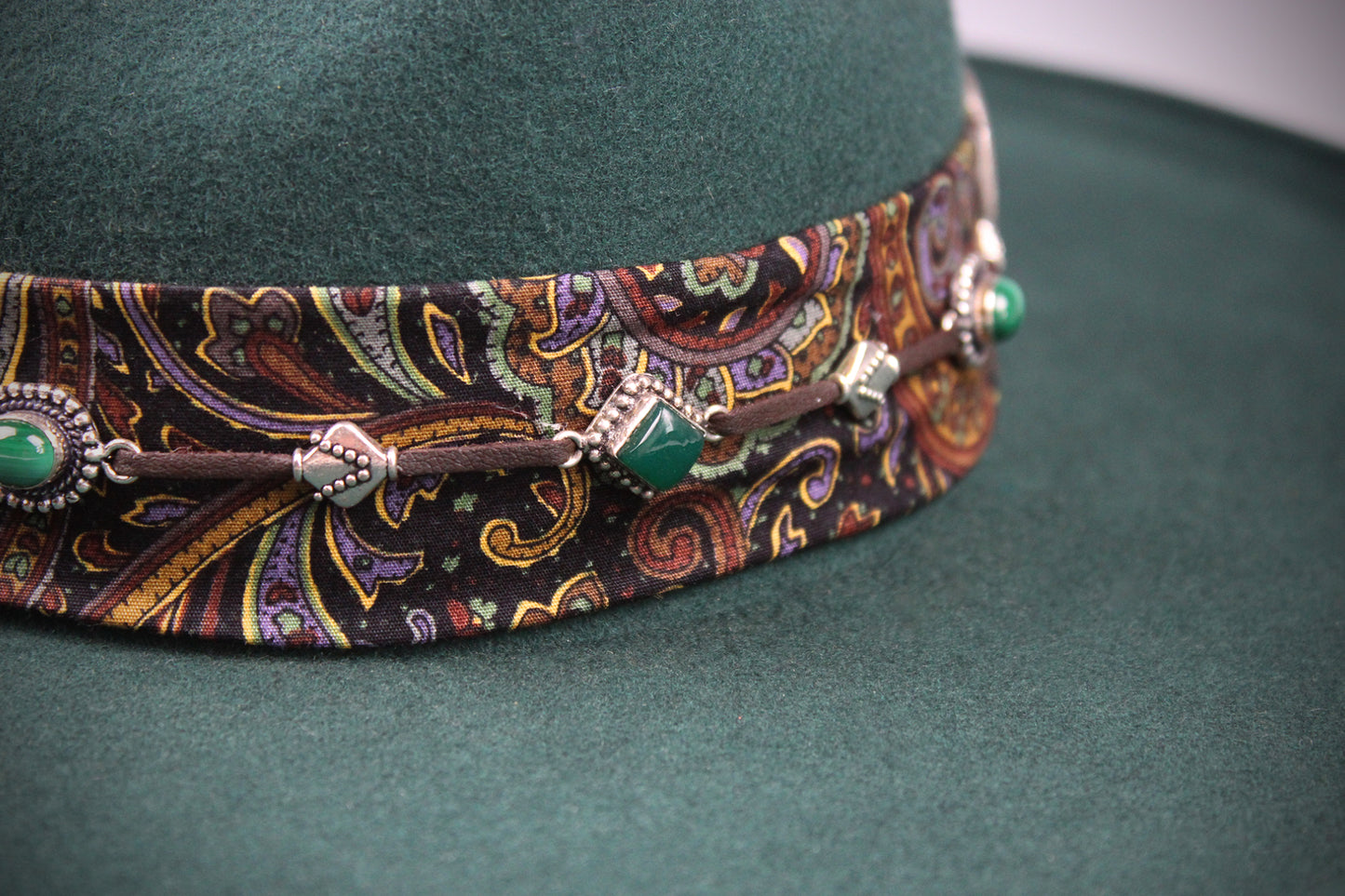 One Off Custom Fedora: Green Wool Felt Wide Brim Fedora Hat Paisley Band Size Medium 57cm