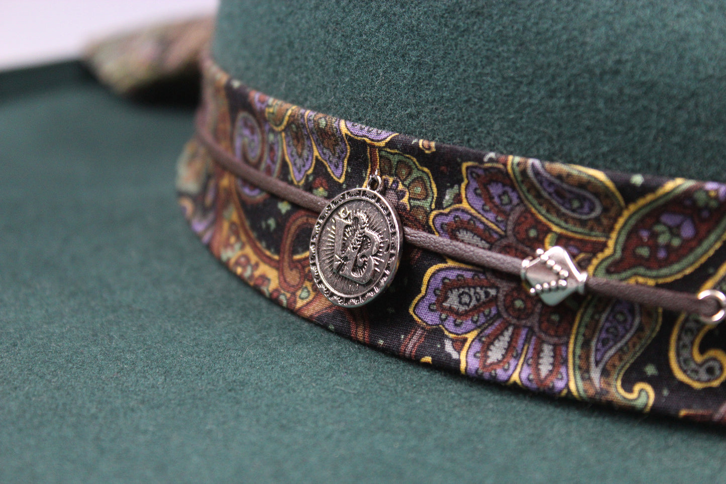 One Off Custom Fedora: Green Wool Felt Wide Brim Fedora Hat Paisley Band Size Medium 57cm