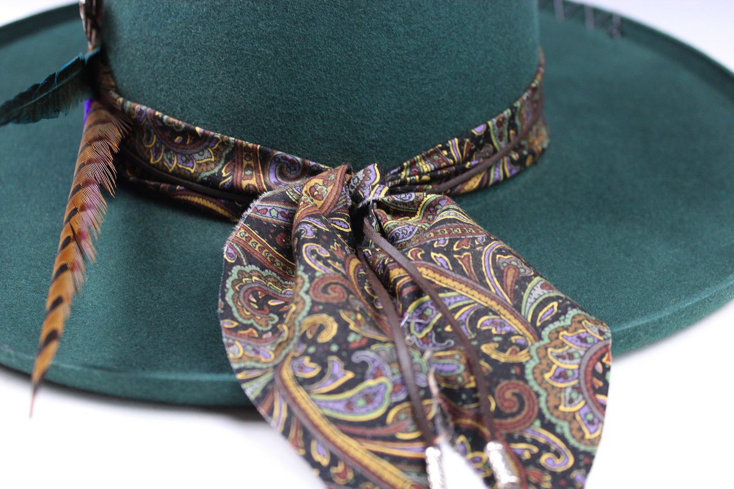 One Off Custom Fedora: Green Wool Felt Wide Brim Fedora Hat Paisley Band Size Medium 57cm