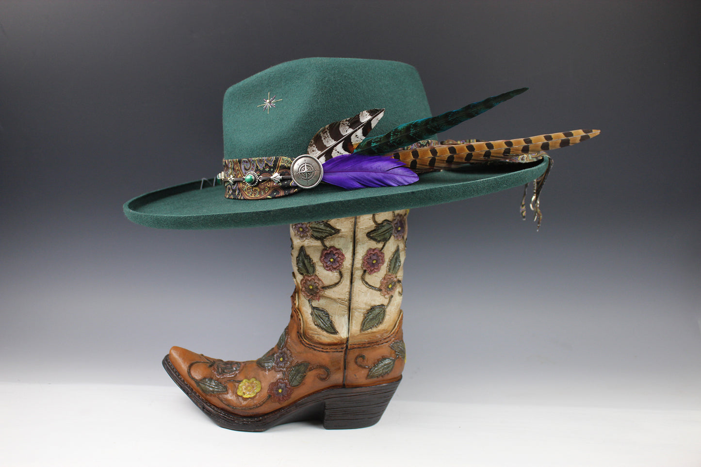 One Off Custom Fedora: Green Wool Felt Wide Brim Fedora Hat Paisley Band Size Medium 57cm