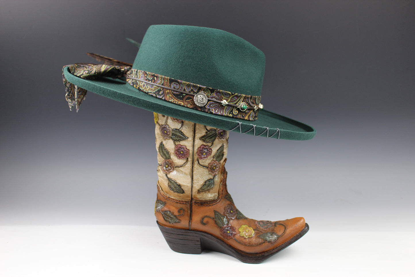 One Off Custom Fedora: Green Wool Felt Wide Brim Fedora Hat Paisley Band Size Medium 57cm