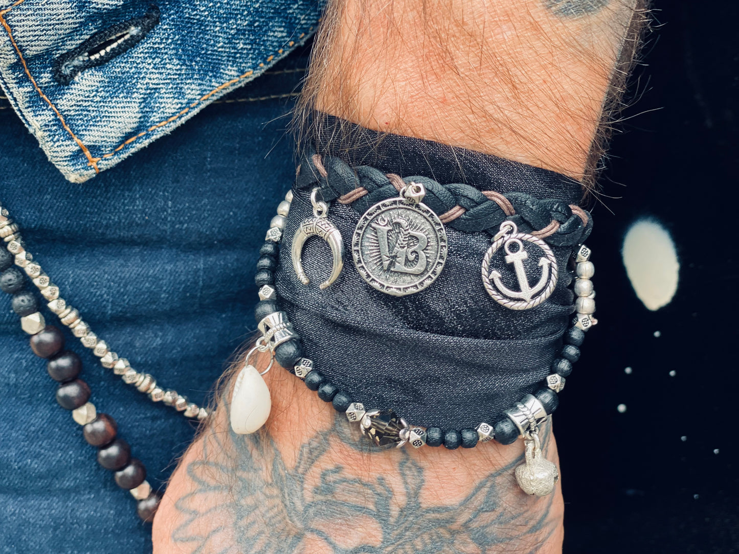 The Black Leopard Cuff Bracelet Set - Pirate Layered Gypsy Fabric Wrist Wrap Unisex Bracelet Set For Men And Women Rock n Roll Style