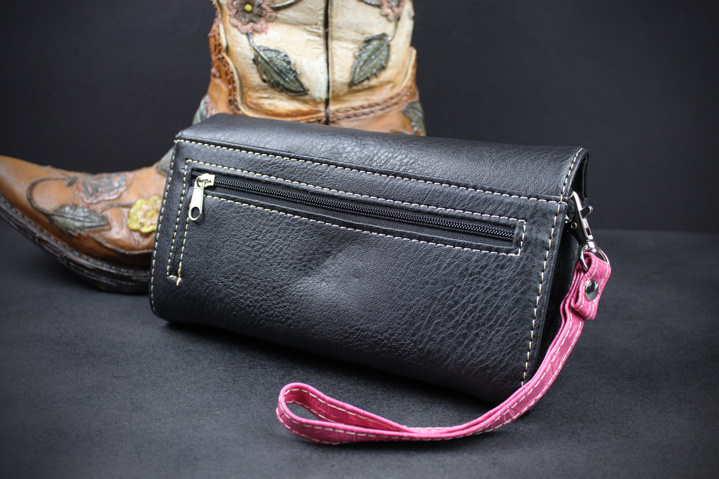 Western Cowgirl Clutch Wallet: Black & Pink PU Leather Purse with stitched cross motif