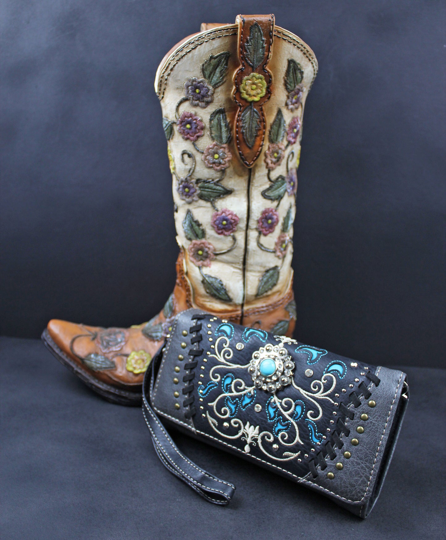 Western Cowgirl Clutch Wallet: Dark Grey, Black & Blue PU Leather Purse with filigree detailing
