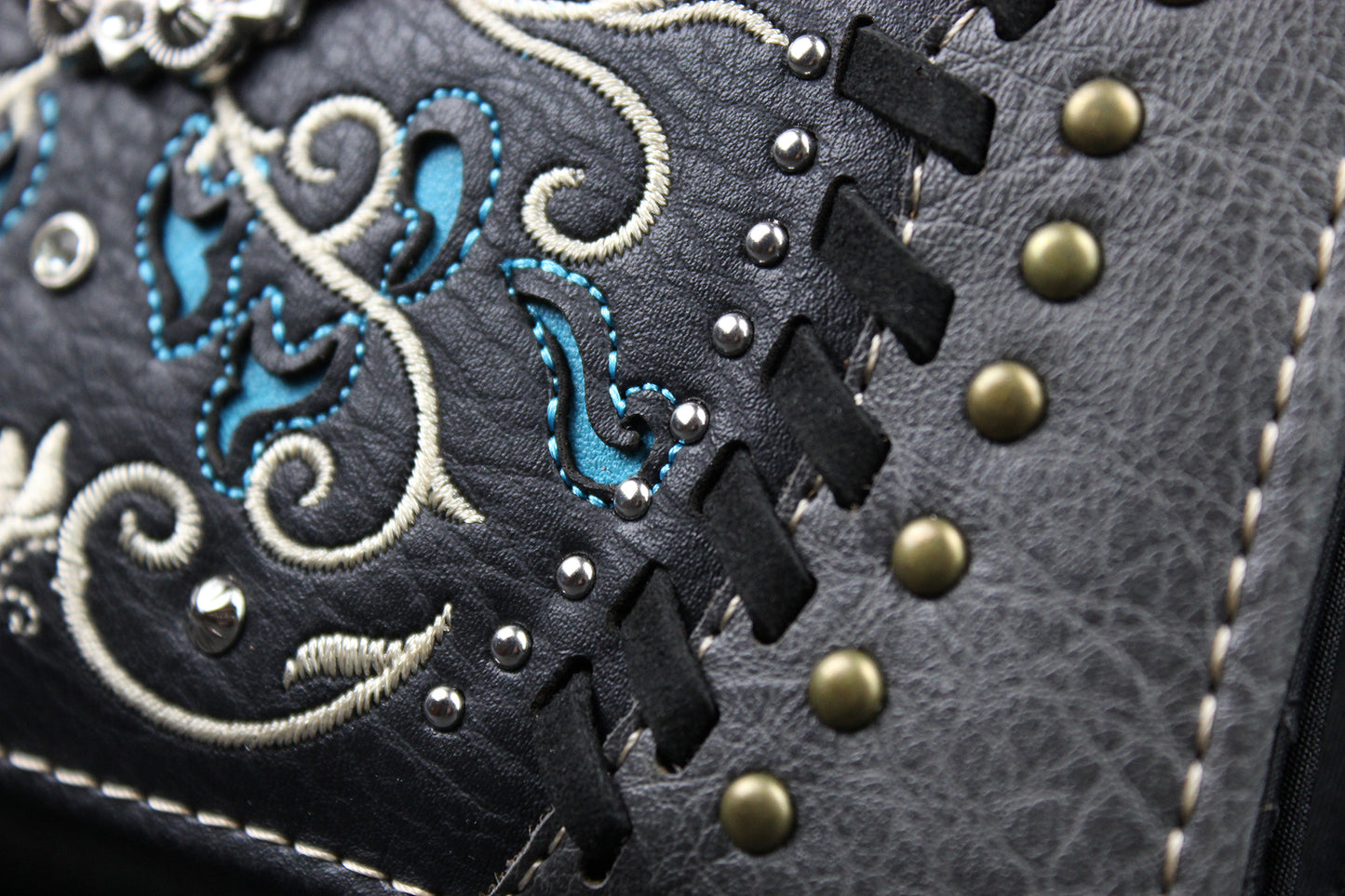 Western Cowgirl Clutch Wallet: Dark Grey, Black & Blue PU Leather Purse with filigree detailing