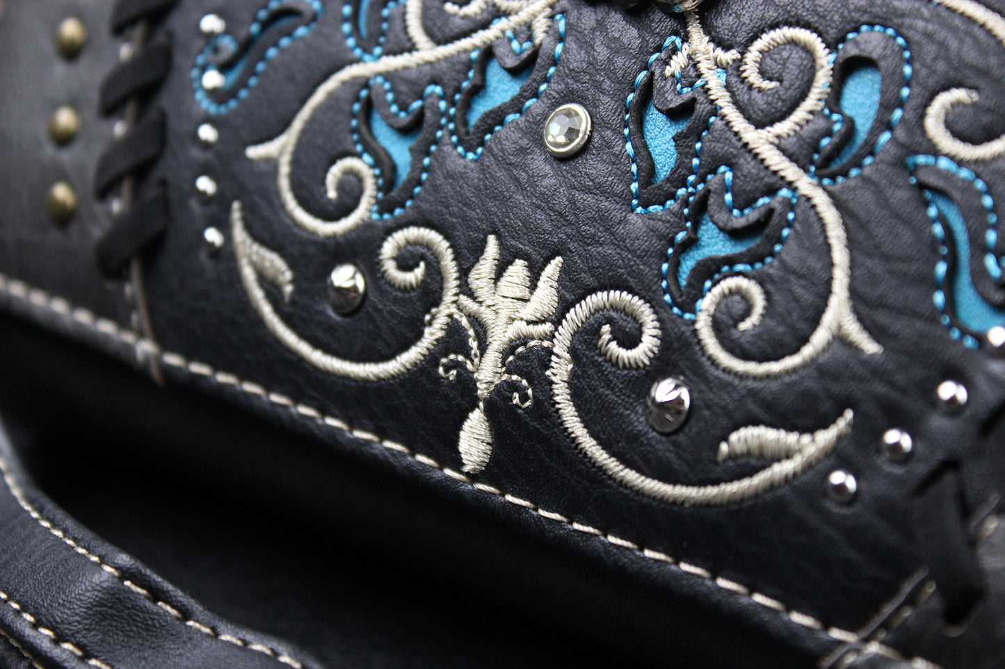 Western Cowgirl Clutch Wallet: Dark Grey, Black & Blue PU Leather Purse with filigree detailing