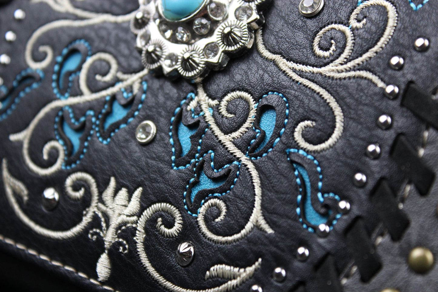 Western Cowgirl Clutch Wallet: Dark Grey, Black & Blue PU Leather Purse with filigree detailing