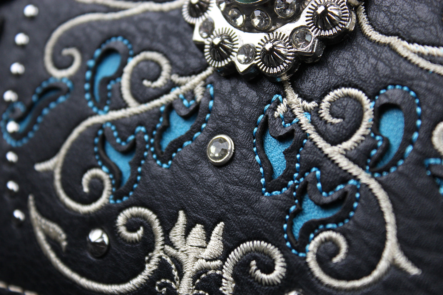 Western Cowgirl Clutch Wallet: Dark Grey, Black & Blue PU Leather Purse with filigree detailing