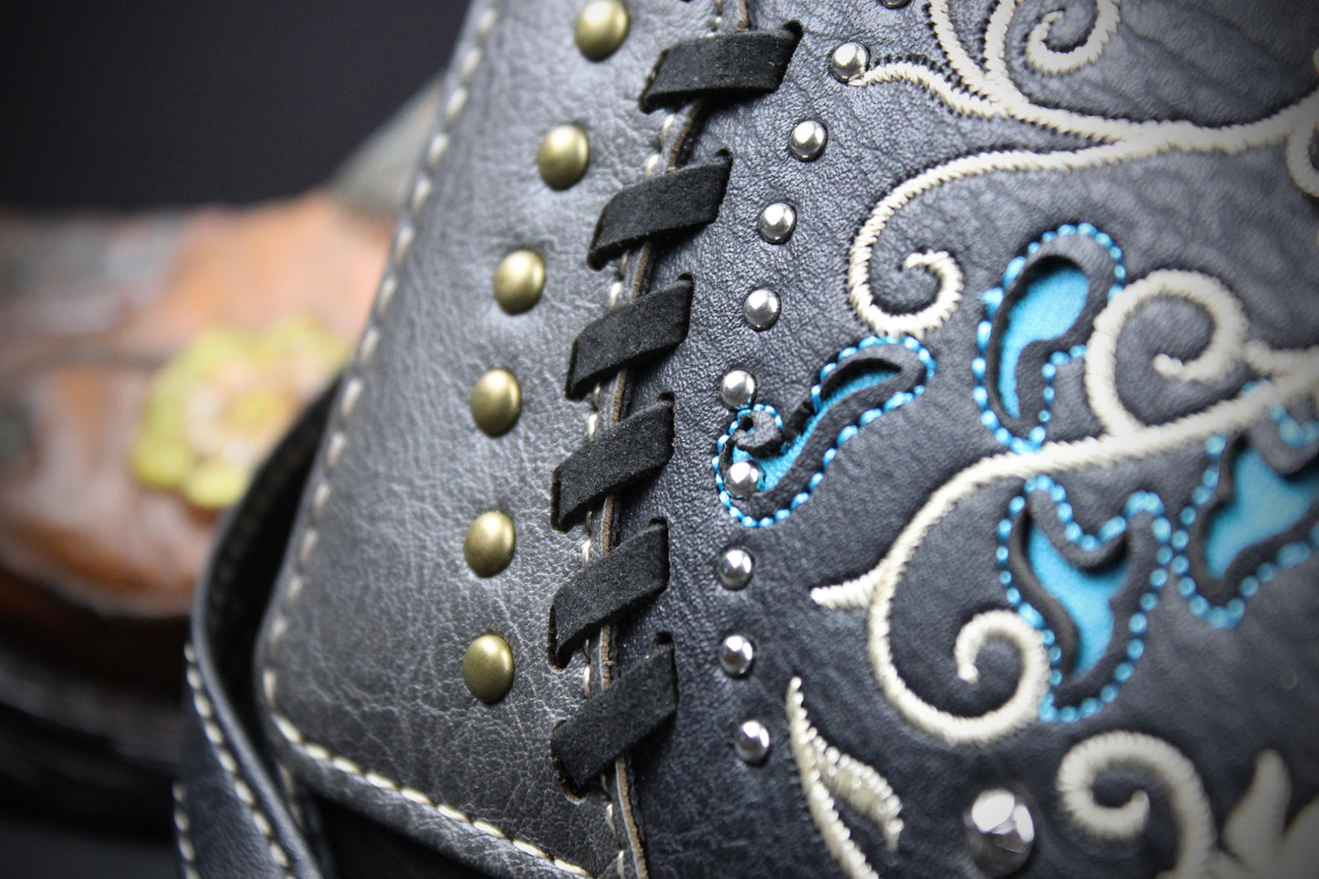 Western Cowgirl Clutch Wallet: Dark Grey, Black & Blue PU Leather Purse with filigree detailing