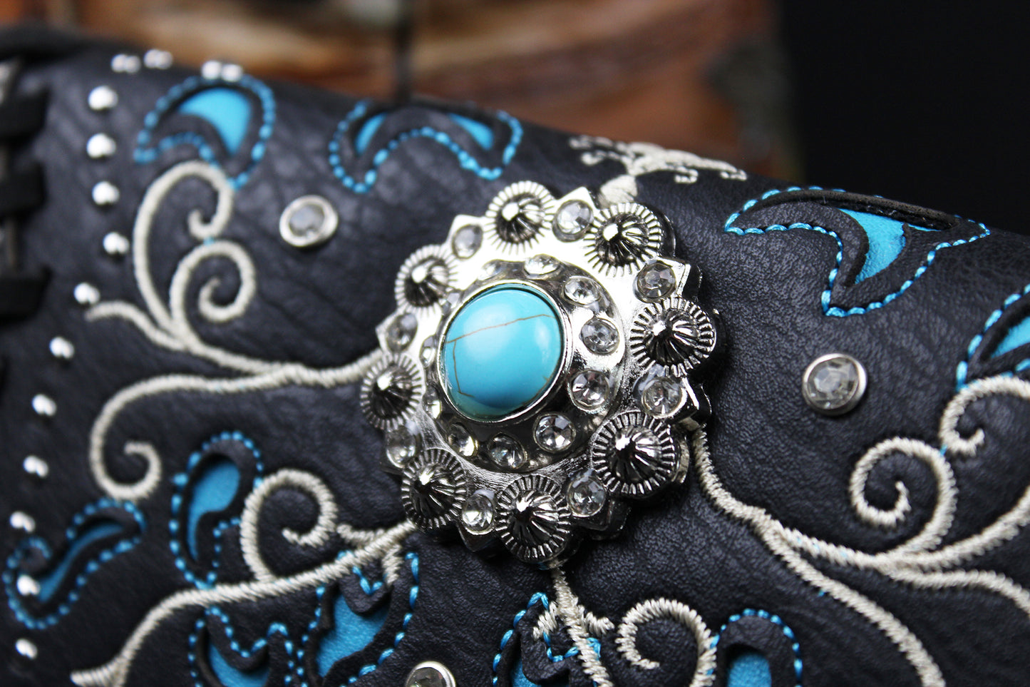 Western Cowgirl Clutch Wallet: Dark Grey, Black & Blue PU Leather Purse with filigree detailing