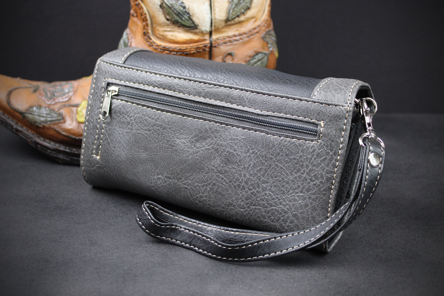 Western Cowgirl Clutch Wallet: Dark Grey, Black & Blue PU Leather Purse with filigree detailing