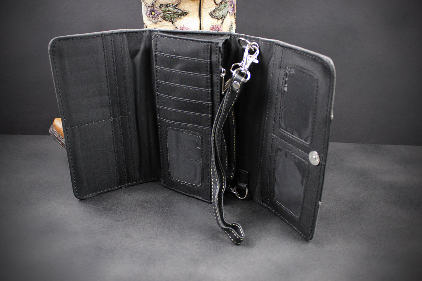 Western Cowgirl Clutch Wallet: Dark Grey, Black & Blue PU Leather Purse with filigree detailing