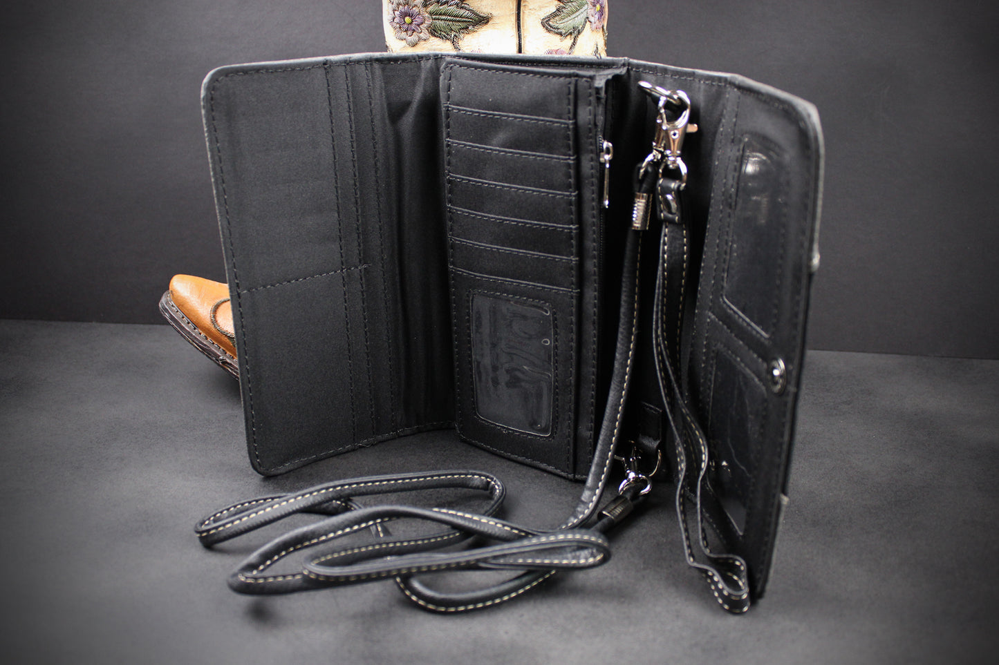 Western Cowgirl Clutch Wallet: Dark Grey, Black & Blue PU Leather Purse with filigree detailing