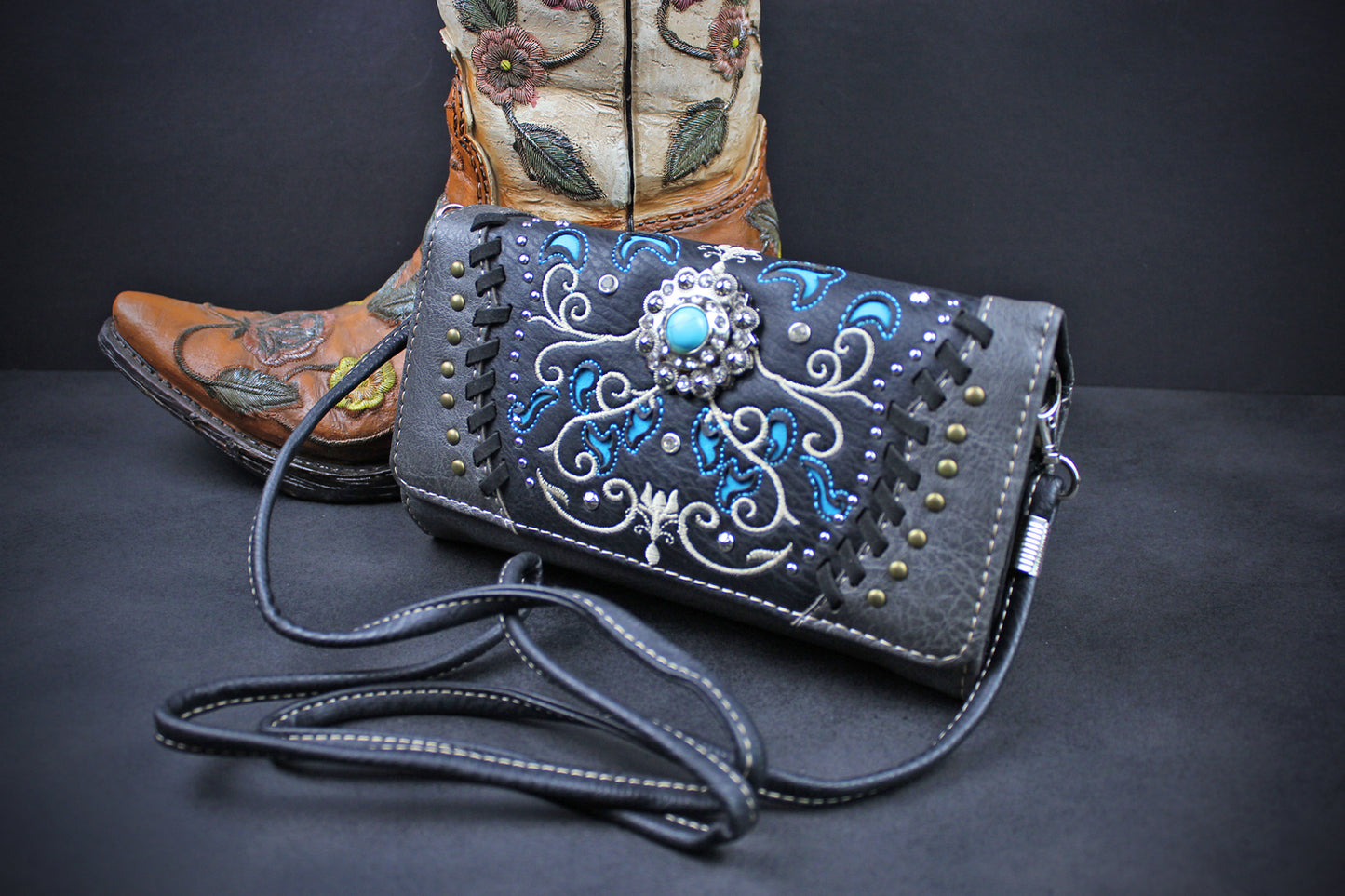 Western Cowgirl Clutch Wallet: Dark Grey, Black & Blue PU Leather Purse with filigree detailing