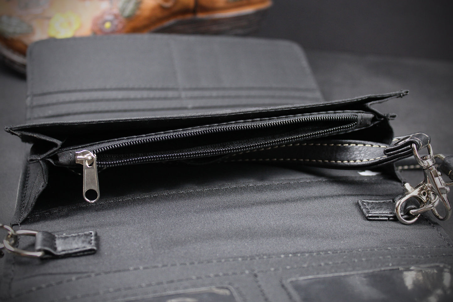 Western Cowgirl Clutch Wallet: Dark Grey, Black & Blue PU Leather Purse with filigree detailing