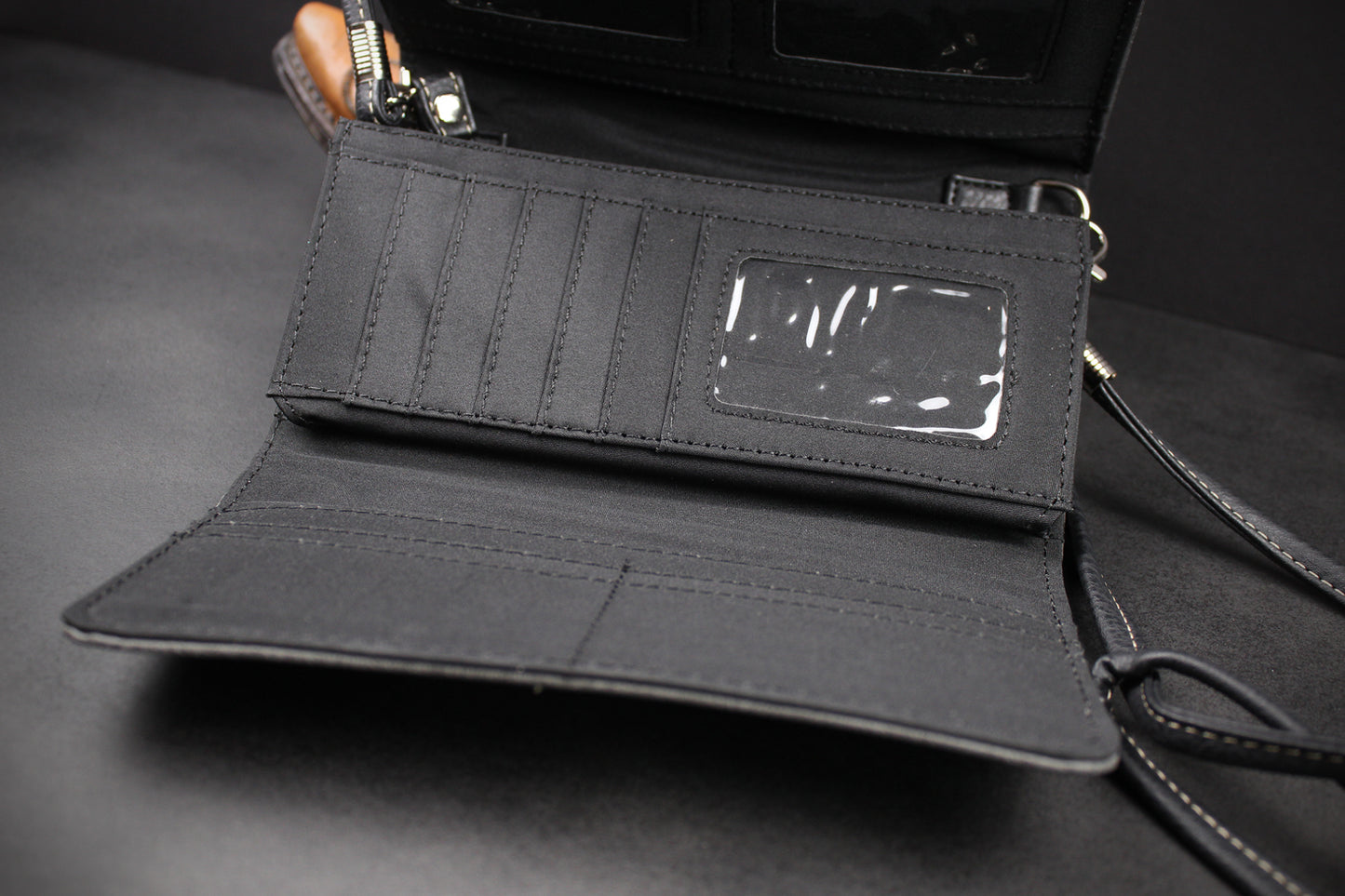Western Cowgirl Clutch Wallet: Dark Grey, Black & Blue PU Leather Purse with filigree detailing