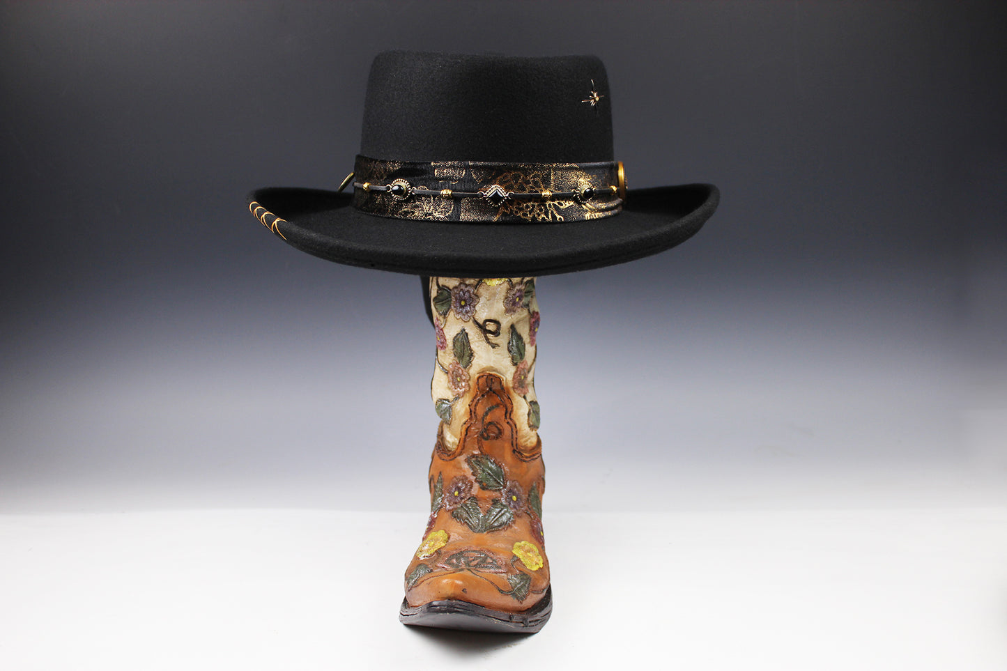 One Off Custom Gambler Hat: Black Wool Felt with gold detailing size Medium 57cm