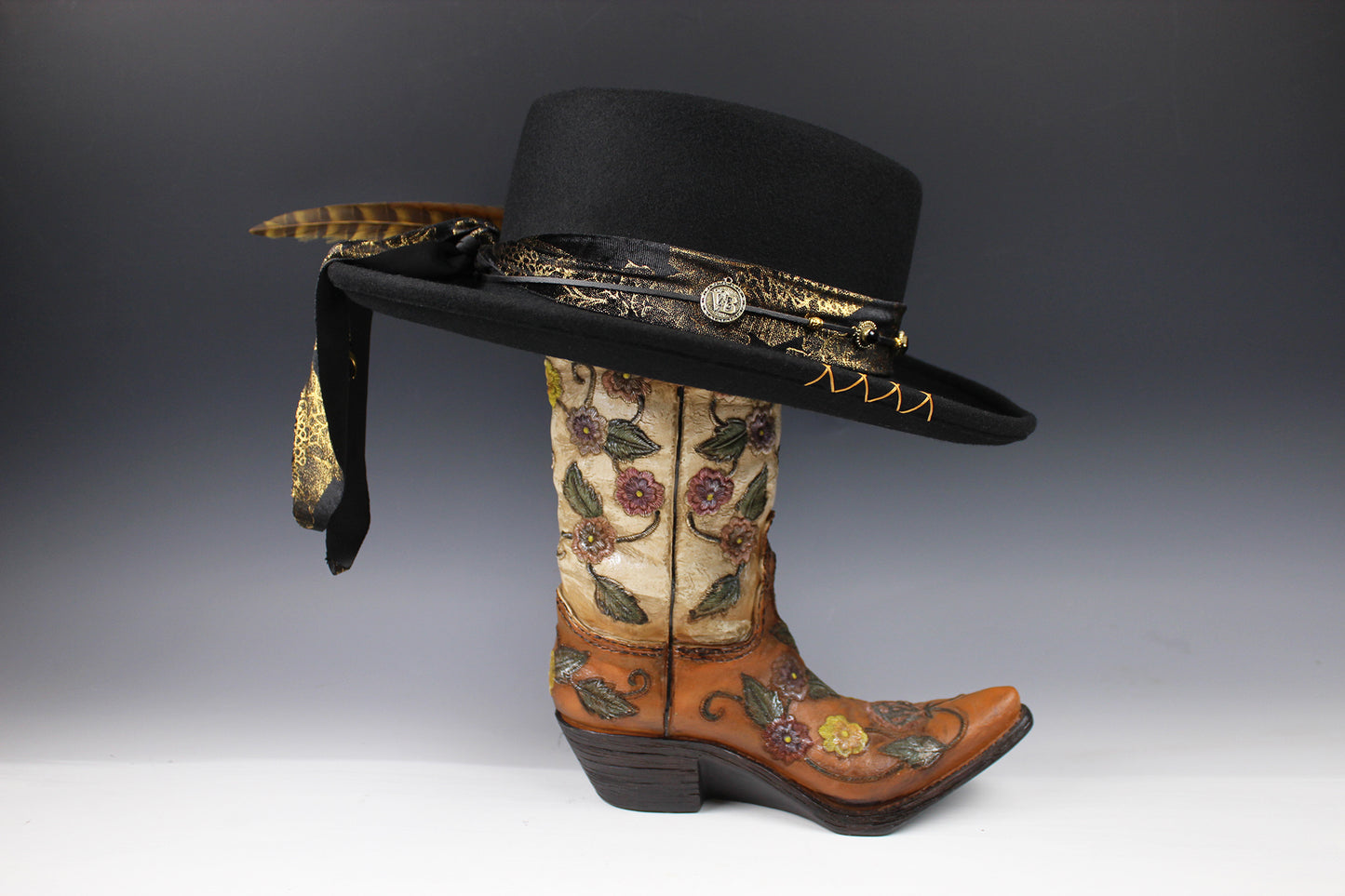 One Off Custom Gambler Hat: Black Wool Felt with gold detailing size Medium 57cm