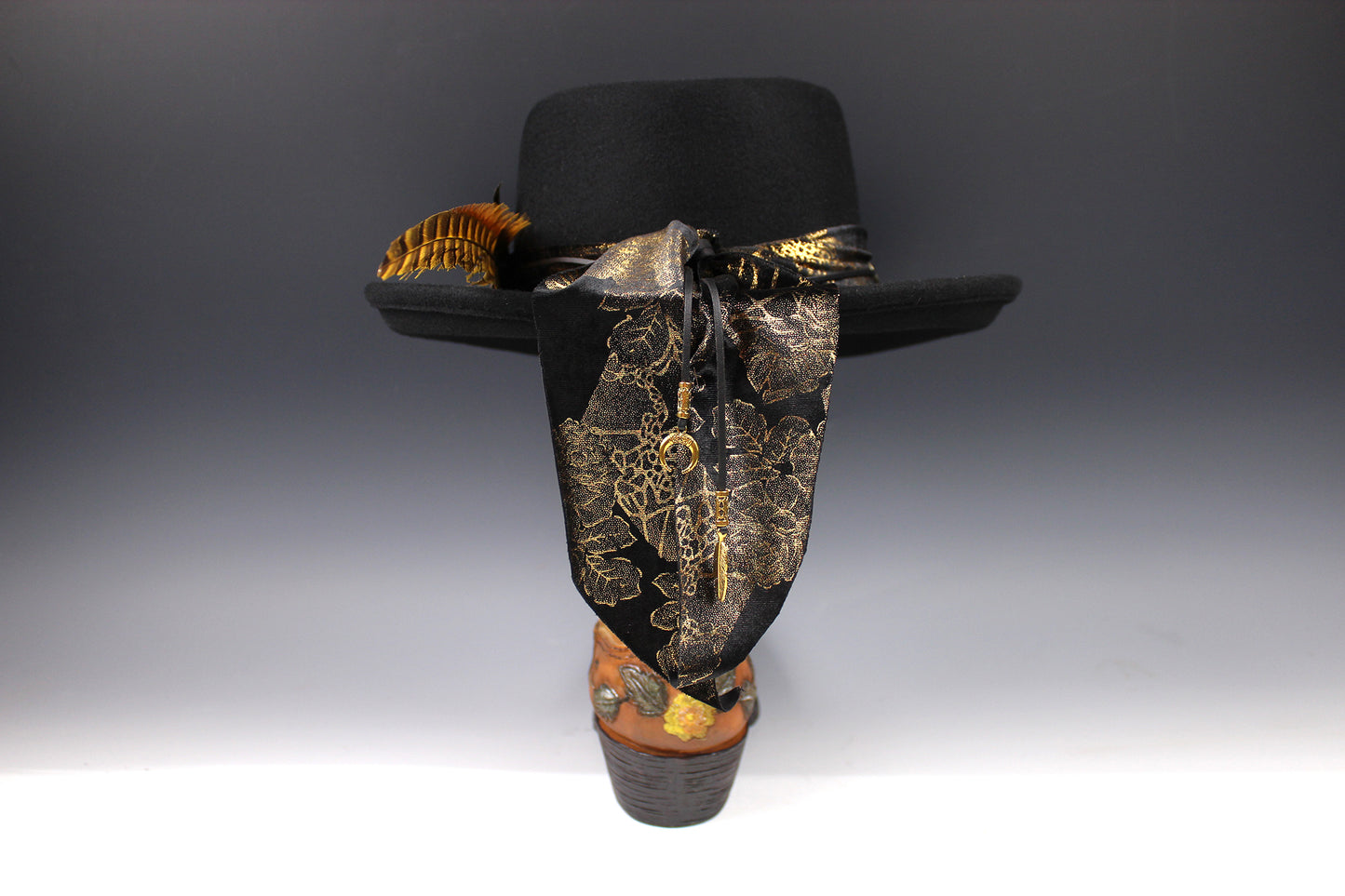 One Off Custom Gambler Hat: Black Wool Felt with gold detailing size Medium 57cm