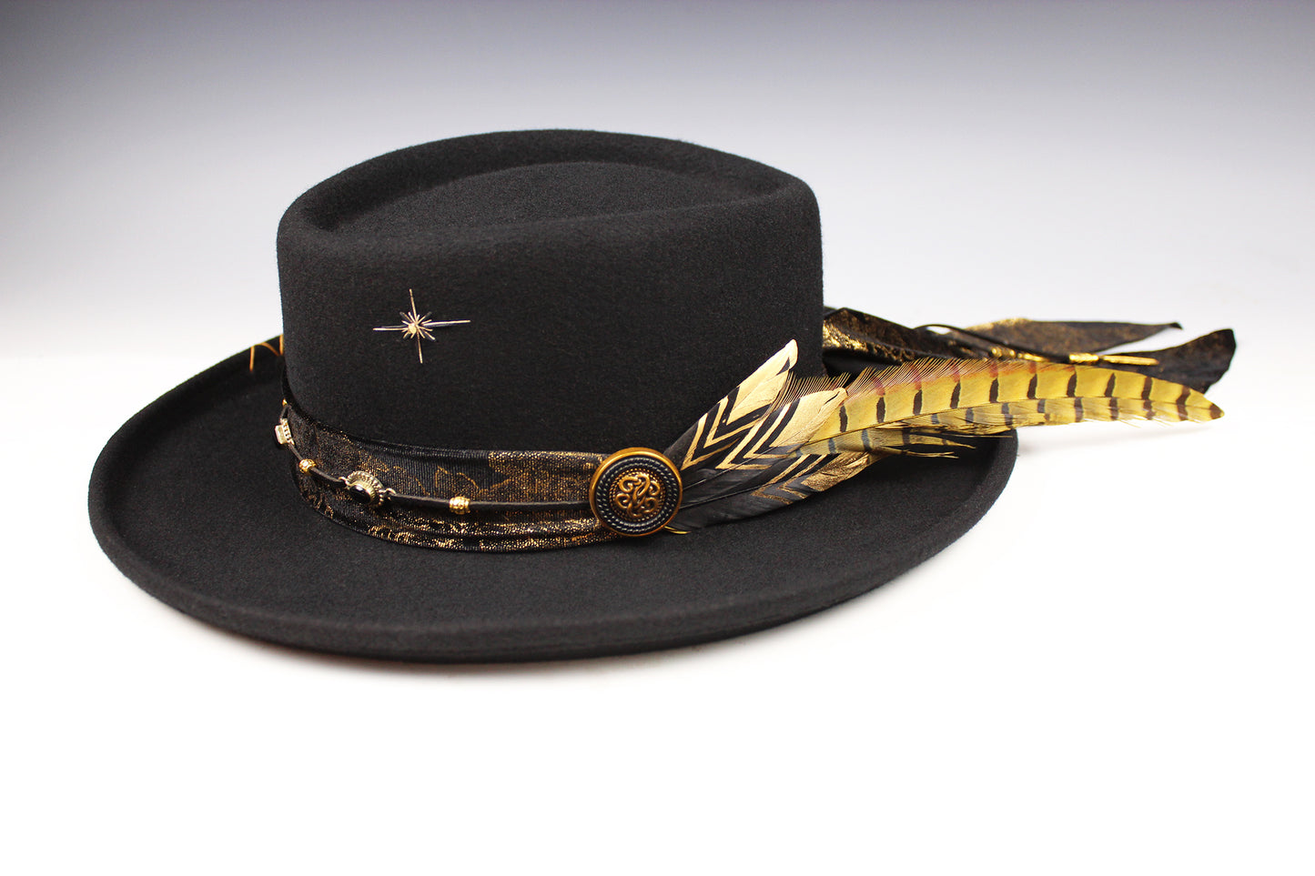 One Off Custom Gambler Hat: Black Wool Felt with gold detailing size Medium 57cm
