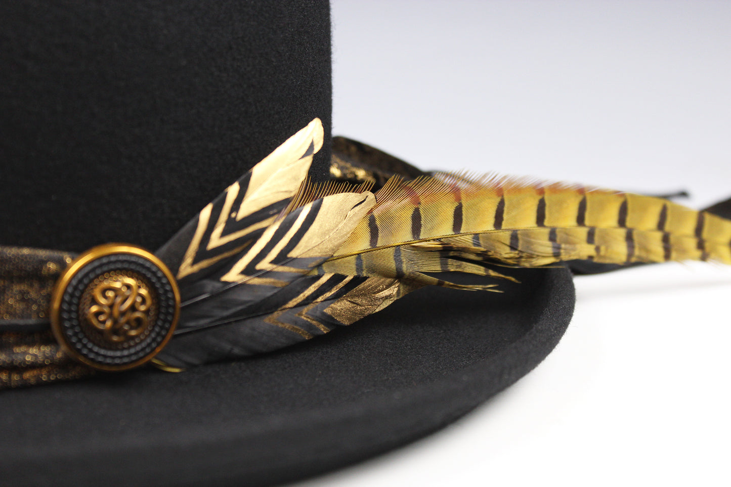 One Off Custom Gambler Hat: Black Wool Felt with gold detailing size Medium 57cm
