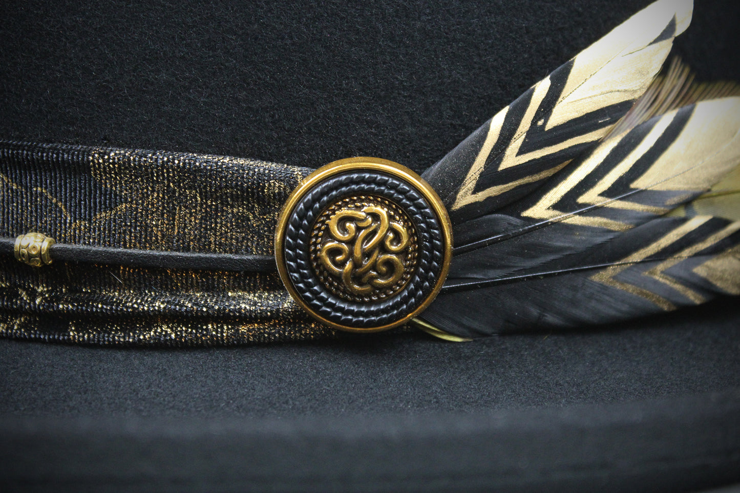 One Off Custom Gambler Hat: Black Wool Felt with gold detailing size Medium 57cm