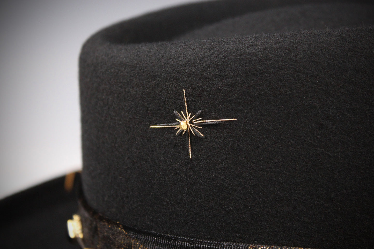 One Off Custom Gambler Hat: Black Wool Felt with gold detailing size Medium 57cm