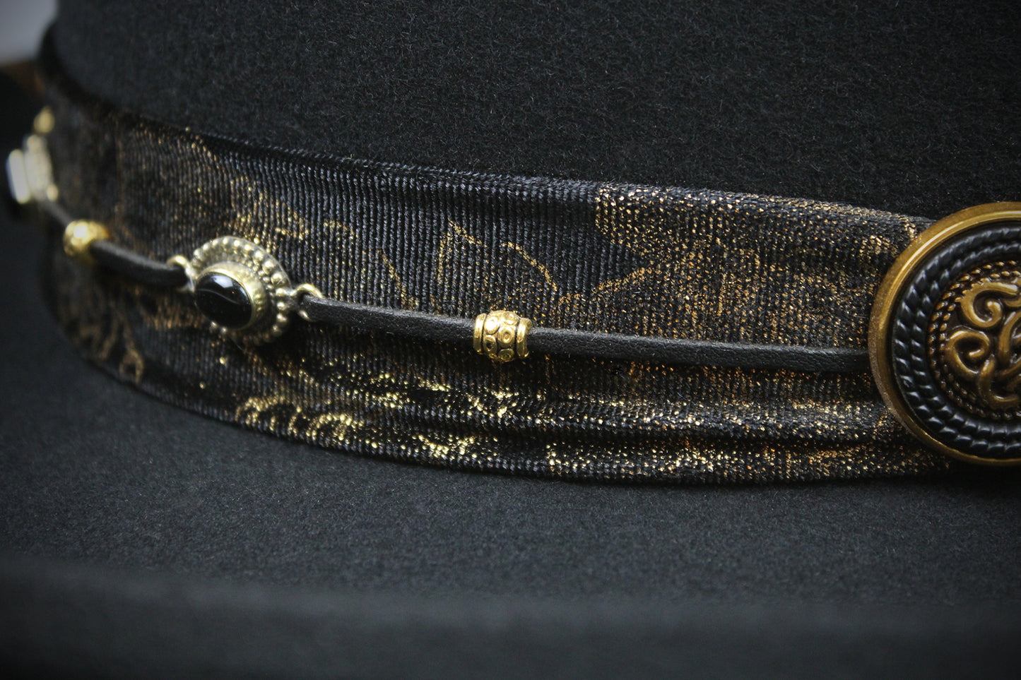 One Off Custom Gambler Hat: Black Wool Felt with gold detailing size Medium 57cm