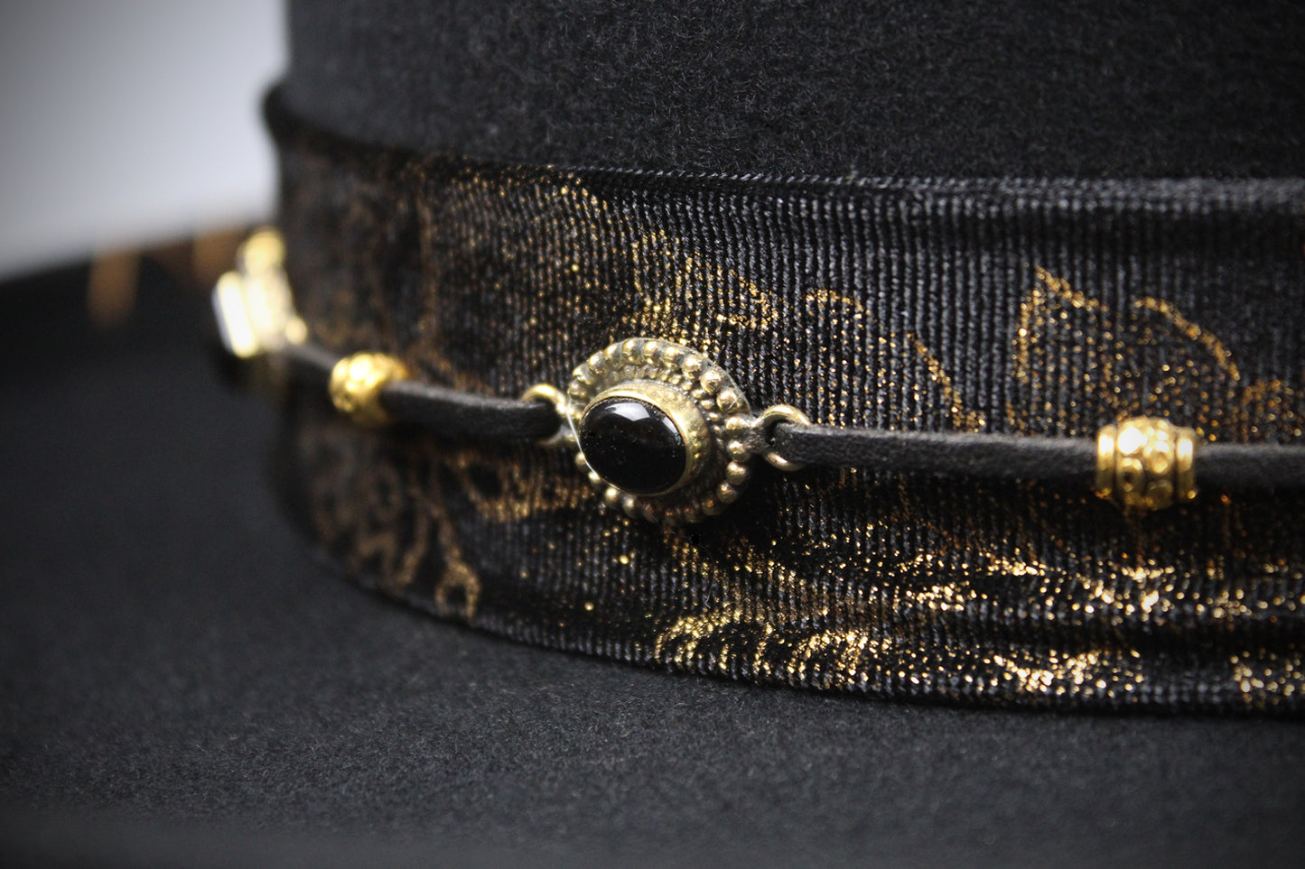 One Off Custom Gambler Hat: Black Wool Felt with gold detailing size Medium 57cm