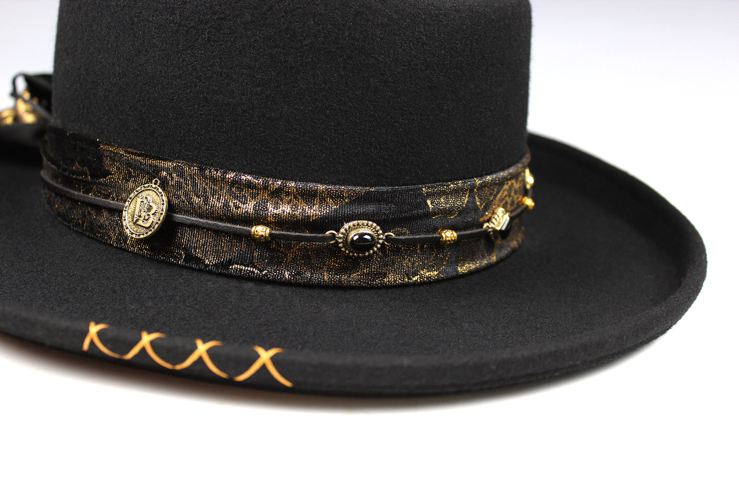 One Off Custom Gambler Hat: Black Wool Felt with gold detailing size Medium 57cm